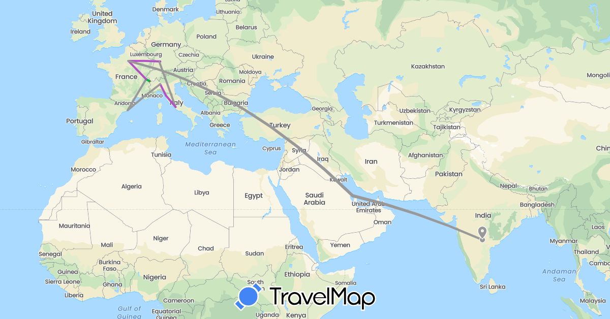 TravelMap itinerary: driving, bus, plane, train, hiking in Bahrain, Switzerland, Germany, Spain, France, India, Italy (Asia, Europe)